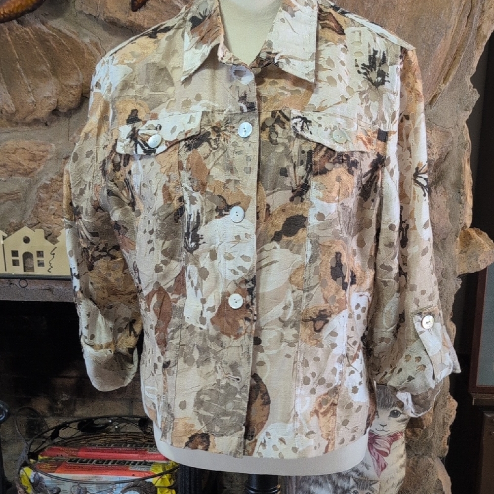 Ruby Rd. Beige and Brown Abstract Button down top NWOT 16 P